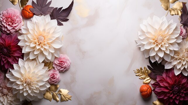 An opulent marble backdrop featuring an assortment of colorful dahlias and gilded leaves, providing negative space for your text or design elements. Floral card, wallpaper texture. Generative AI. 
