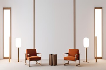 An empty white wall with two vertically framed poster mockups in a living room setting with a chair.