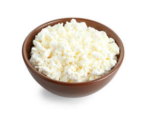Bowl of tasty cottage cheese on white background