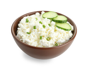 Bowl of tasty cottage cheese with cucumber on white background