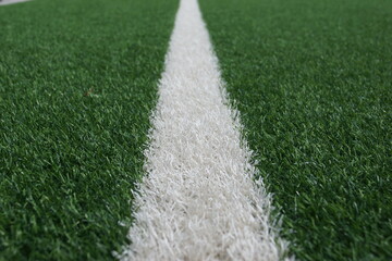 Ein Kunstrasen Sportplatz mit weißen Markierungen und Tore in verschiedenen Größen 