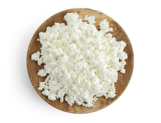 Plate of tasty cottage cheese on white background
