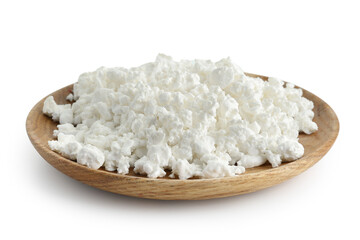 Plate of tasty cottage cheese on white background