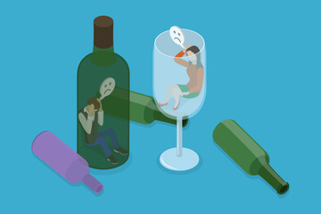 3D Isometric Flat Vector Conceptual Illustration of Addiction To Alcohol , Alcoholism