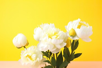 Obraz na płótnie Canvas Peonies on a yellow background with a white frame make up this straightforward, minimalist artwork. A romantic card with a white frame and a wonderful statement or remark in the vacant space. a pop