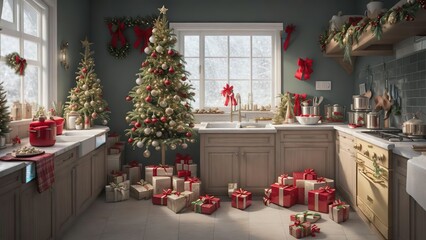 kitchen on christmas morning with presents, decoration and christmas cookies. Created with generative AI.
