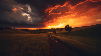 brewing storm over a sunset or sunrise over a grassy field and road