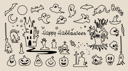 Contour icons for Halloween. Halloween icons. A set of Halloween doodles, creepy silhouettes. Halloween Stickers