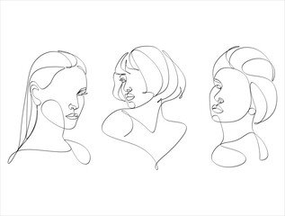 Continuous line drawing of faces and hairstyles set, fashion concept, woman beauty minimalist, vector