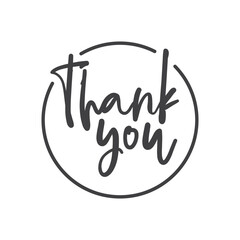 Thank you calligraphic message, hand drawn lettering text inside a circle.