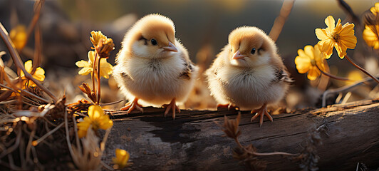 two Cute baby easter chick in nature