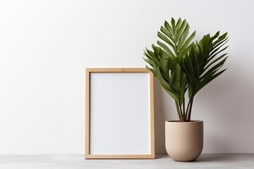 Mockup of a blank wooden picture frame with a green plant on a white wall.