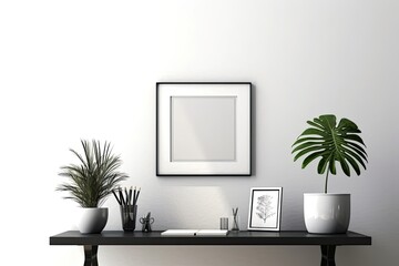 Hipster minimalism desk environment with mock poster or photo frame and materials on a white table.