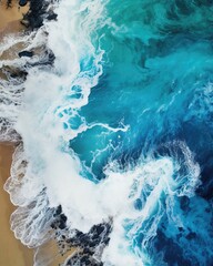 Fototapeta na wymiar Coastal Harmony A Mesmerizing Capture of a Beautiful Beach, where Blue Waves Meet Brown Sands and Graceful Coral Rocks