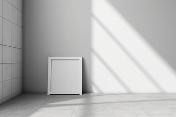 Mockup of a simple, square, white poster or photo frame on the floor leaning up against a wall in a room with shadow