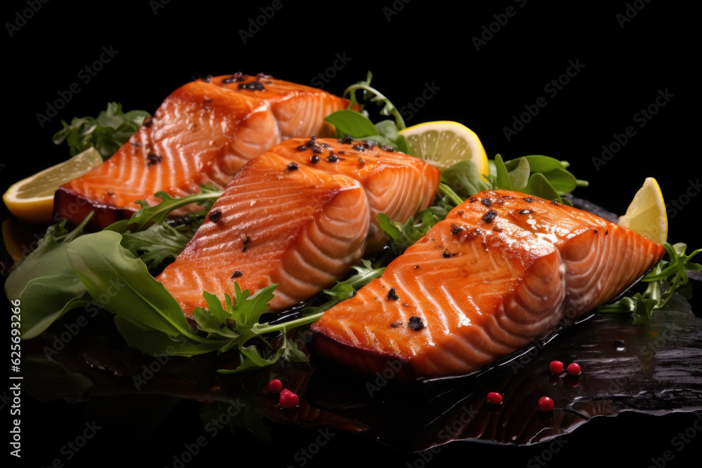 Wall mural Generated photorealistic image of trout steak with arugula leaves