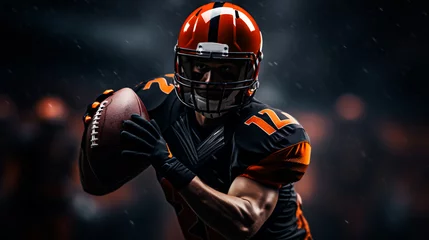 Fotobehang American football player at the stadium in black and orange outfit. Generative AI © Nataliia