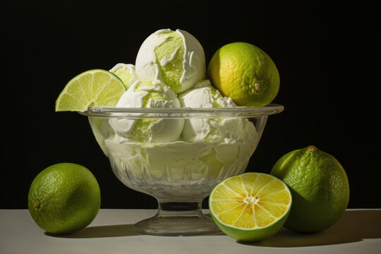 Generated photorealistic image of melting lime ice cream in a crystal bowl with cut limes