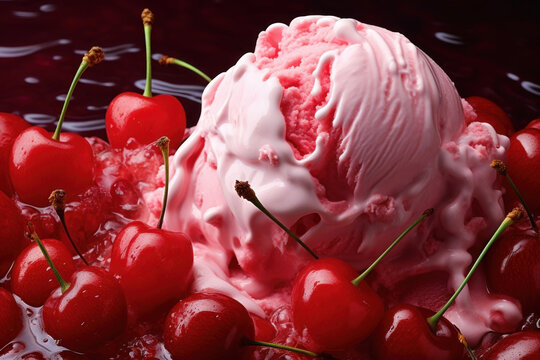 Generated photorealistic image of pink strawberry ice cream with ripe cherries