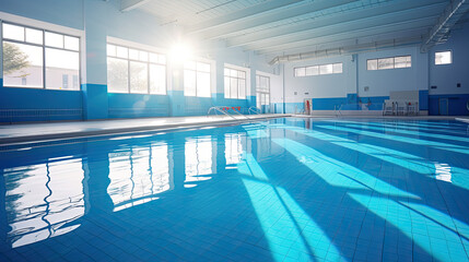 sunlit swimming pool in an indoor space, empty design, blue water and bright and clean visual, sport background concept, sport in school, AI