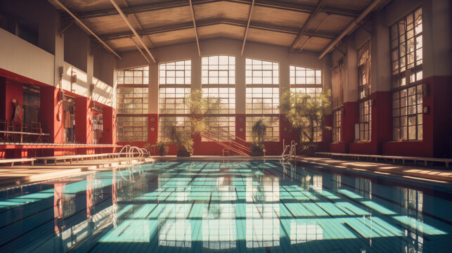 original and creative indoor swimming pooll in a modern building, hotel, perfect for relaxation and exercise, empty design, sport banner, AI