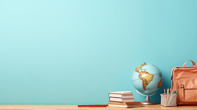 Back-to-School blue banner, background for your text, table white books and terrestrial globes, teacher leather bag, pencils, perfect school banner, copy space, AI 