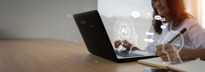 Business people use chatbot Ai Artificial Intelligence technology online customer service.Digital chatbot, robot conversation application, OpenAI generate. Futuristic technology.Virtual assistant