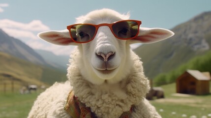 Fototapeta premium Sheep rocking sunglasses, Generative AI.