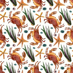Crab, shells, seaweed, anchor, marine life, starfish and coral. Seamless watercolor pattern made by hand. Scrapbooking, memories. Also suitable for decorating your photo album.