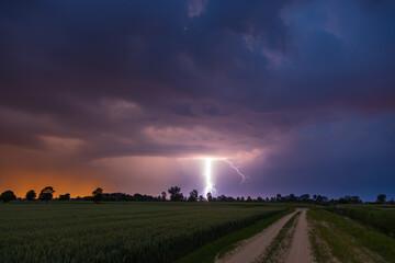 Storm over glade road in the middle of the fields. Stegna, Zulawy, Pomerania, Poland.