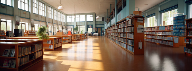 panoramic view of bright and spacious library filled with books and natural light, empty, space to learn banner, AI - obrazy, fototapety, plakaty