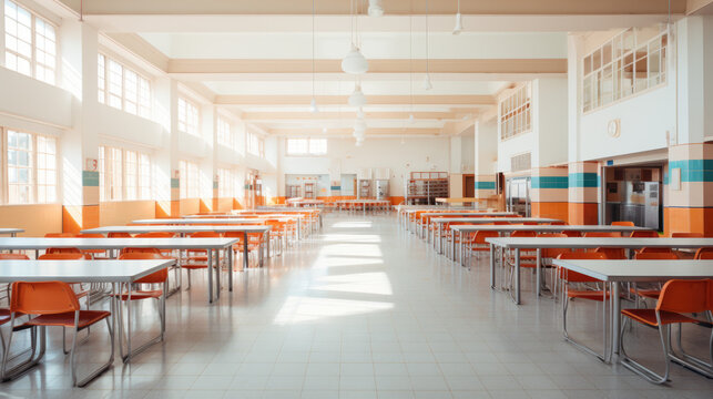 school examination room, bright white minimalist look, design, spacious self-service school canteen with bright orange chairs and tables, AI 