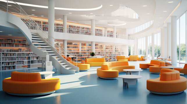 vibrant library filled with yellow and orange furniture, creating a welcoming and inspiring space for learning, AI
