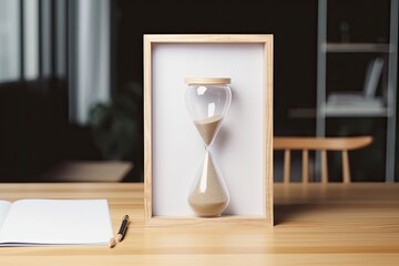 On a wooden table are books, an hourglass, a cup, and a mock-up blank photo frame. Workplace and home office design.