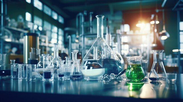 laboratory table filled with various flasks containing colorful liquids, blue ambiance and cinematic light, science background, back-to-school banner, AI