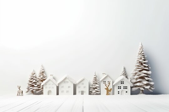 A white wall banner background with copy space and white Christmas house decor featuring trees on a wood shelf.
