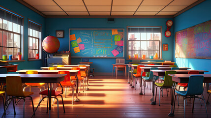 Fun and Colorful Cartoon Illustration of a Children's Classroom with Desk, Chalkboard, and Book,...