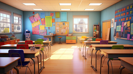 Experience Creative Classroom Chaos: Whimsical Style Cartoon Illustration of Kids' Classroom with School Accessories, Back-to-School Banner Background