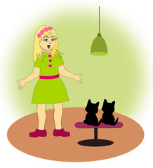 A little blonde girl in a green dress is standing and talking to two little kittens in front of her.
