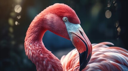 Close-up portrait of a graceful pink flamingo, Generative AI.
