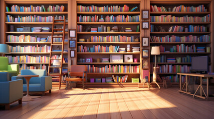 Illustration of a cozy and well-stocked library room with bookshelves and comfortable furniture, students learning and information background, AI