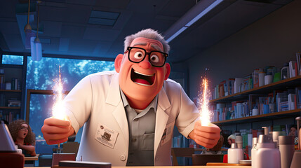 Illustration of a science teacher conducting a chemistry experiment with sparklers, mad scientist, funny cartoon character in laboratory, back to school banner, AI