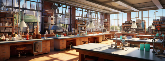 classroom filled with laboratory equipment on desks and large windows, perfect for a physics-chemistry class, panoramic view, cartoon illustration style, messy lab, AI  - obrazy, fototapety, plakaty
