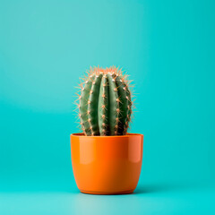 A green prickly cactus in a clay pot on a bright background. Minimalism.