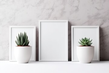 Succulent and cactus plants in containers are near a white brick wall, along with an empty frame mockup. indoor houseplants in pots. minimalist interior design. selective attention. The text area.
