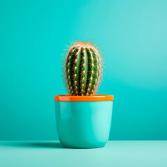 A green prickly cactus in a clay pot on a bright background. Minimalism.