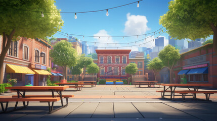 charming city street adorned with benches and twinkling lights, blue sky, square, cartoon illustration style, street, background , AI