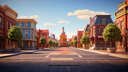  city street with a picturesque clock tower in the distance, sunset atmosphere, empty cartoon wallpaper, AI © kiddsgn
