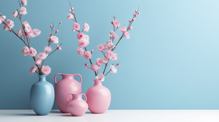 Harmonious ambiance in pastel pink and soft blue color in minimalist style. Place with serenity and tranquility with flowers. Living room of love on valentine's day. Generative AI
