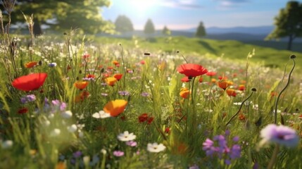 Obraz na płótnie Canvas Colorful wildflower meadow in spring, Generative AI.